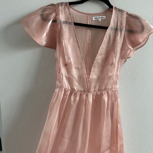 NWT Reformation Glory Shimmer Pink Flutter Sleeve Dress - Picture 7 of 7